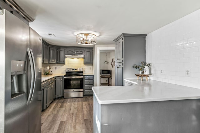 kitchen with kitchen peninsula, gray cabinets, stainless steel appliances, decorative backsplash, and dark hardwood / wood-style floors