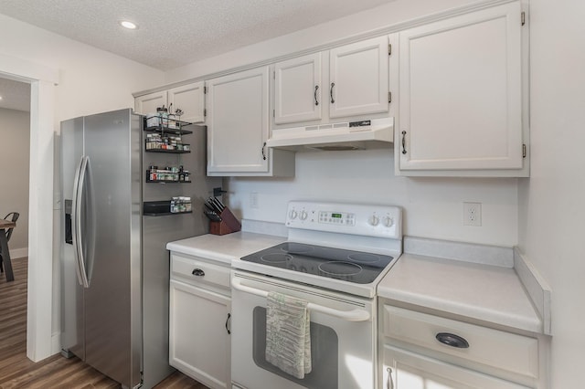 kitchen featuring white cabinetry, stainless steel refrigerator with ice dispenser, dark hardwood / wood-style floors, white electric range, and a textured ceiling