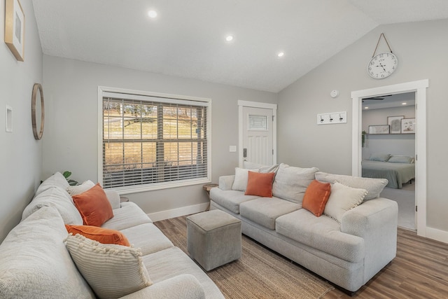 living room with vaulted ceiling and wood-type flooring