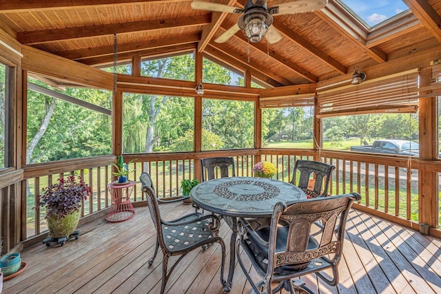 sunroom featuring ceiling fan, vaulted ceiling with skylight, and wooden ceiling