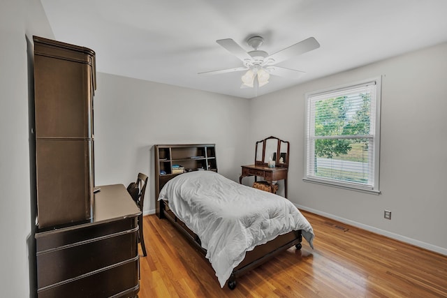 bedroom featuring ceiling fan and light hardwood / wood-style floors