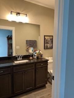 bathroom with wood-type flooring, toilet, and vanity