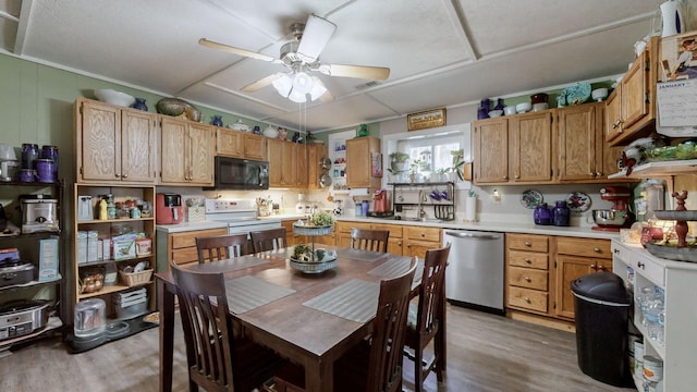 kitchen with dishwasher, white electric stove, sink, light wood-type flooring, and ceiling fan