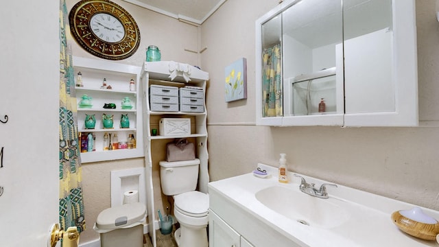 bathroom featuring toilet, vanity, and walk in shower