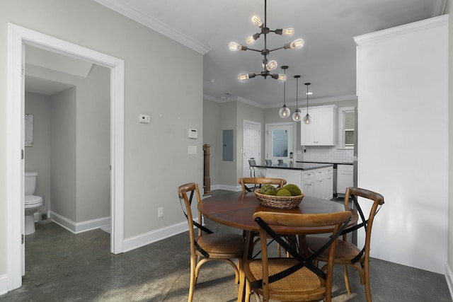 dining space featuring electric panel, ornamental molding, and a notable chandelier