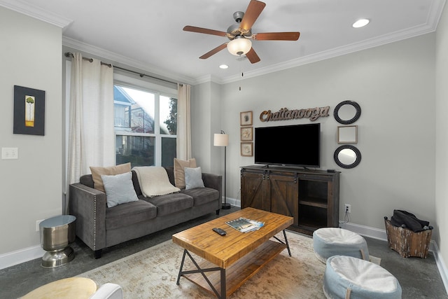 living room with ceiling fan and ornamental molding