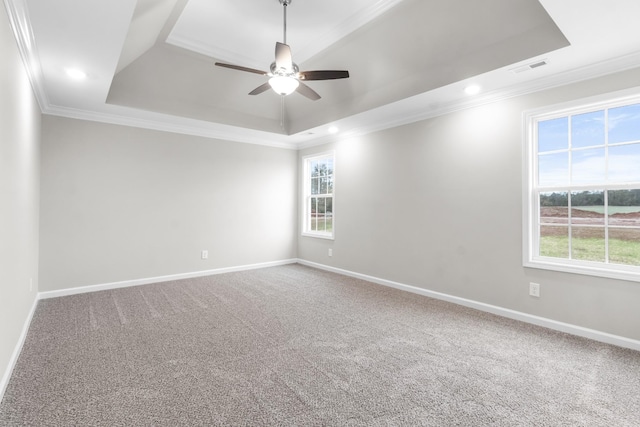 unfurnished room with a raised ceiling, ceiling fan, crown molding, and carpet flooring