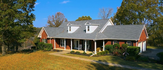 cape cod-style house featuring a garage, a front lawn, and a porch