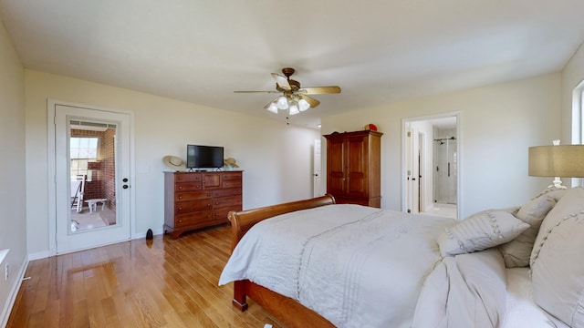 bedroom with connected bathroom, light hardwood / wood-style floors, and ceiling fan