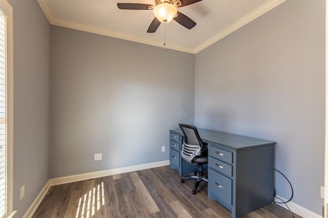 office space featuring ceiling fan, dark hardwood / wood-style floors, and crown molding