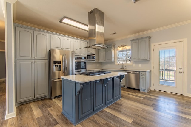 kitchen featuring appliances with stainless steel finishes, a kitchen island, island exhaust hood, sink, and gray cabinets