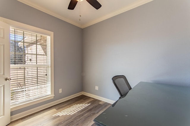 office space with crown molding, a healthy amount of sunlight, hardwood / wood-style floors, and ceiling fan