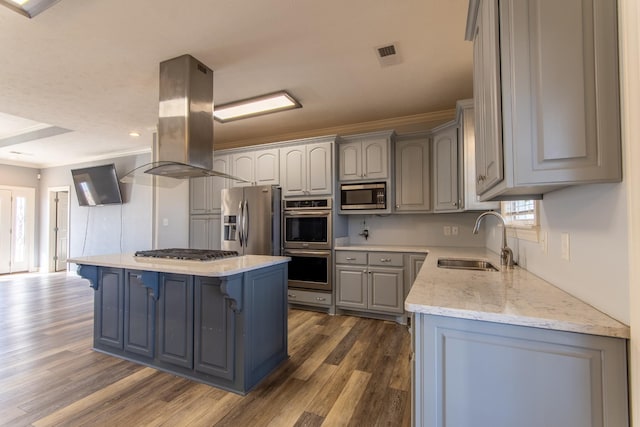 kitchen with island exhaust hood, appliances with stainless steel finishes, a center island, light stone counters, and sink