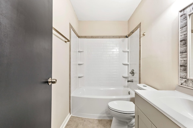 full bathroom with shower / tub combination, toilet, vanity, and tile patterned flooring