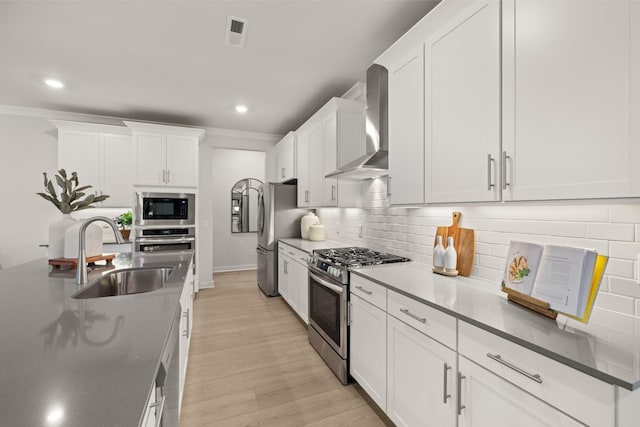 kitchen with wall chimney exhaust hood, white cabinetry, stainless steel appliances, sink, and backsplash