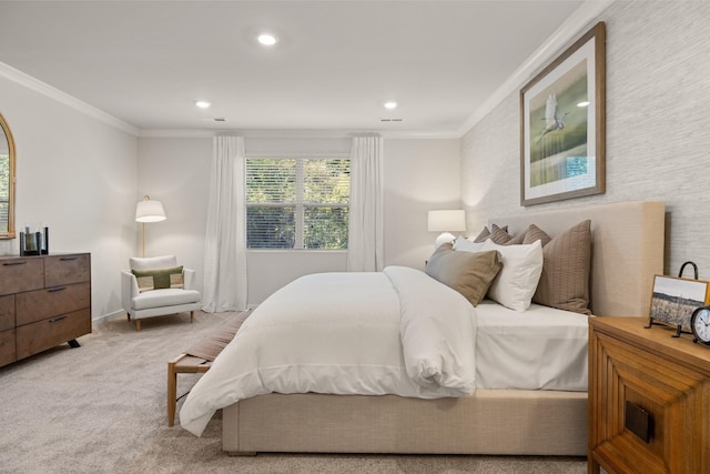 bedroom with light colored carpet and crown molding