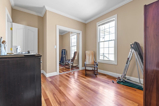 sitting room with light hardwood / wood-style floors and ornamental molding