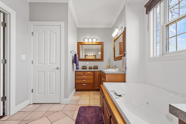 bathroom with a bath, ornamental molding, tile patterned floors, and vanity