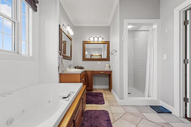 bathroom featuring tile patterned floors, ornamental molding, independent shower and bath, and a healthy amount of sunlight