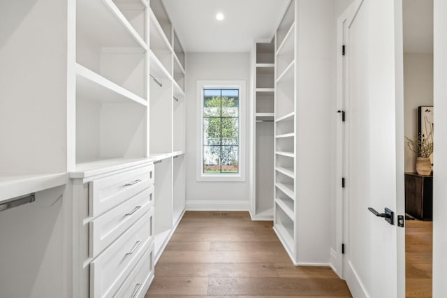 spacious closet featuring light wood-style flooring