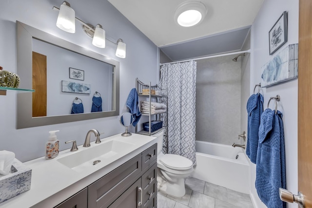 full bathroom with vanity, toilet, tile patterned floors, and shower / bathtub combination with curtain