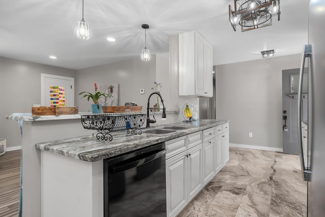 kitchen with white cabinetry, dishwasher, light stone countertops, pendant lighting, and sink