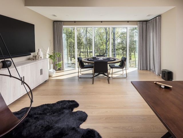 living room with a wealth of natural light and light hardwood / wood-style flooring