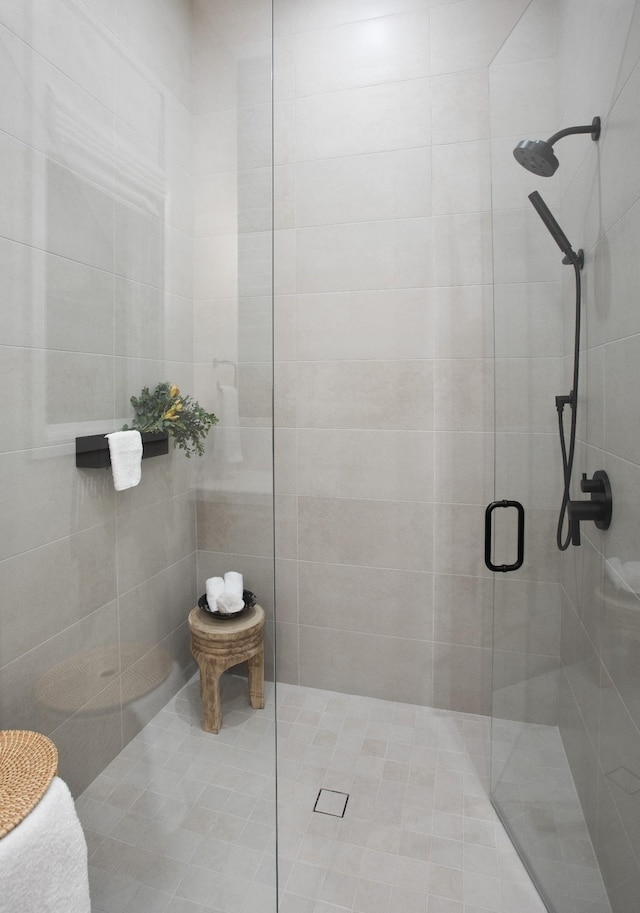 bathroom featuring a shower with shower door