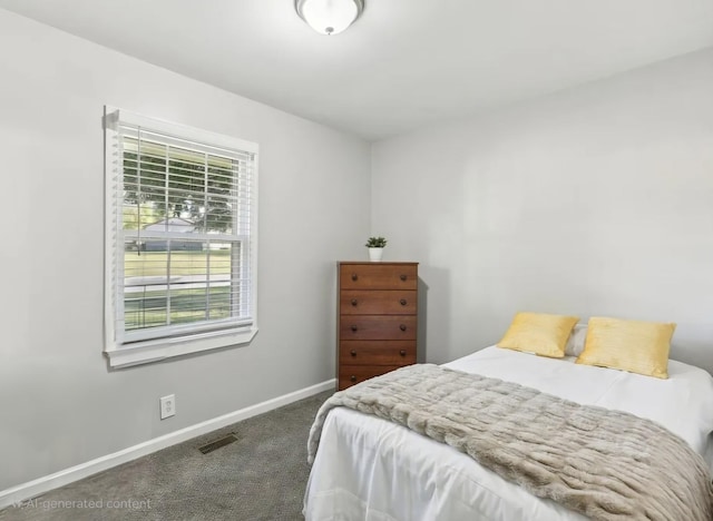 bedroom featuring dark carpet