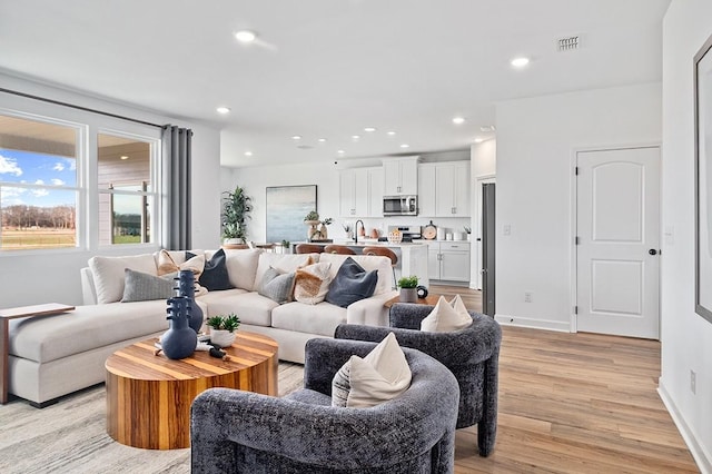 living room with light hardwood / wood-style floors and sink