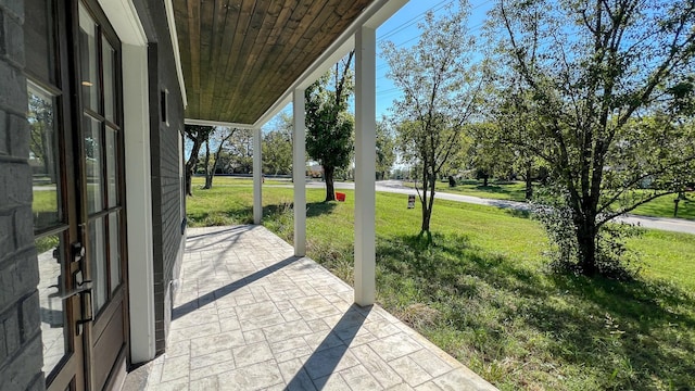 exterior space featuring wood ceiling