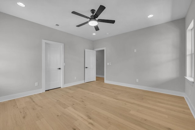 unfurnished bedroom with recessed lighting, baseboards, visible vents, and light wood finished floors