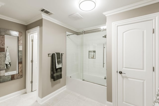 bathroom with ornamental molding, bath / shower combo with glass door, and tile patterned flooring