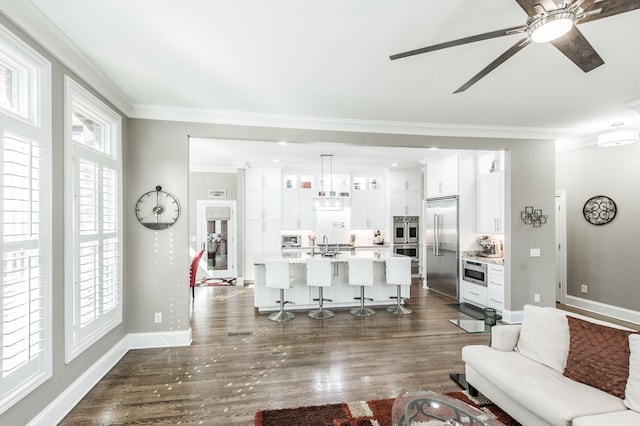 living room featuring sink, crown molding, dark wood-type flooring, and ceiling fan