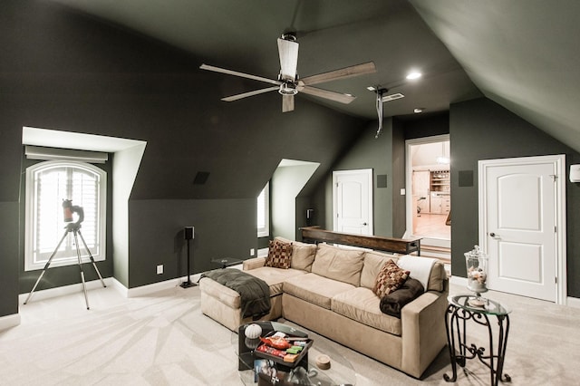 carpeted living room with lofted ceiling and ceiling fan