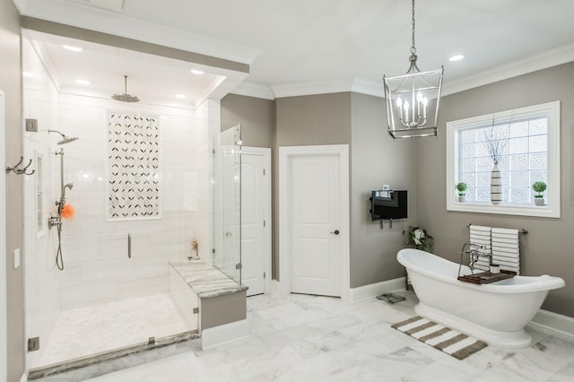 bathroom featuring ornamental molding and separate shower and tub