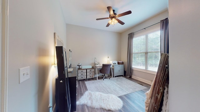 office with hardwood / wood-style flooring and ceiling fan