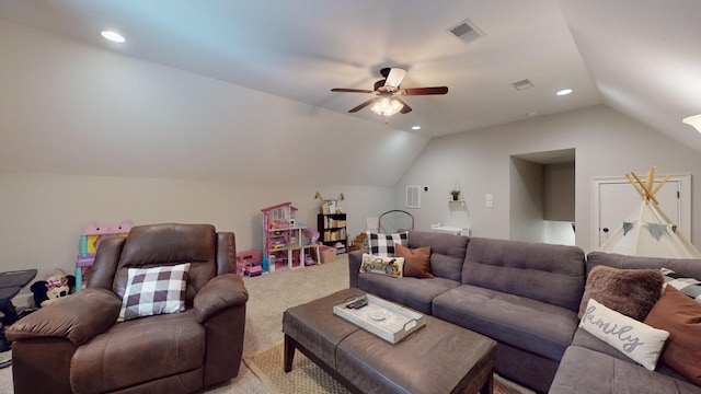 carpeted living room featuring lofted ceiling and ceiling fan