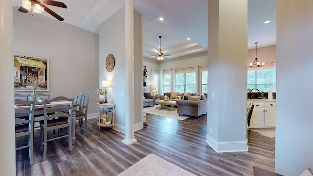 dining room with dark wood-type flooring, ceiling fan with notable chandelier, a raised ceiling, and sink