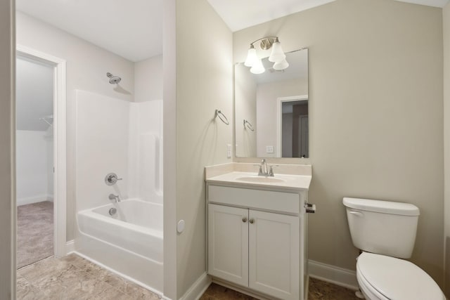 full bathroom with toilet, vanity, and bathing tub / shower combination