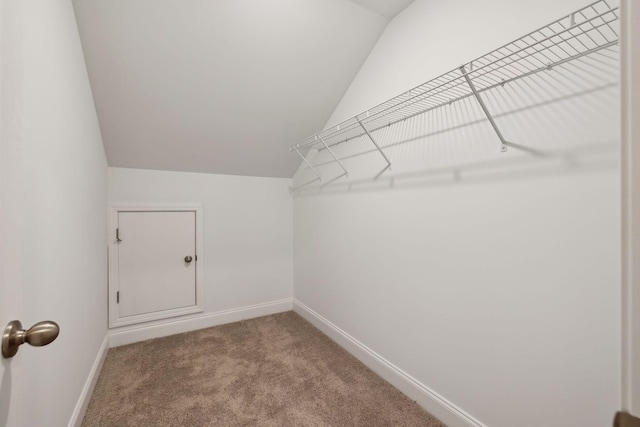 spacious closet featuring carpet floors and lofted ceiling