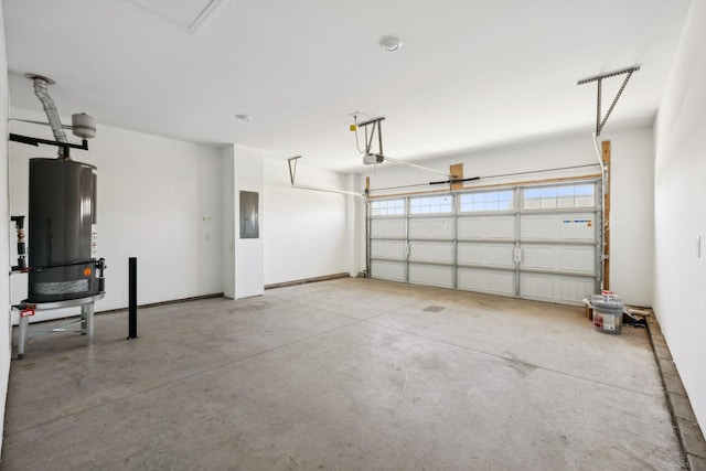 garage featuring electric panel, gas water heater, and a garage door opener