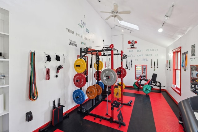 exercise room with vaulted ceiling and ceiling fan