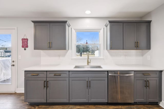 kitchen with sink, stainless steel dishwasher, gray cabinetry, and plenty of natural light