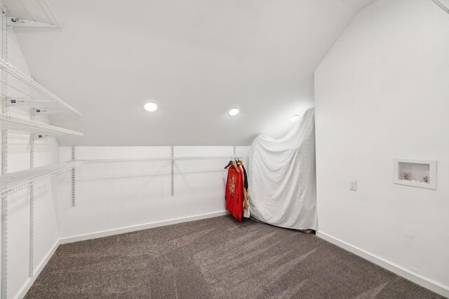 spacious closet featuring lofted ceiling and dark carpet