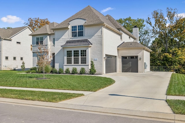 french country inspired facade featuring a garage and a front yard