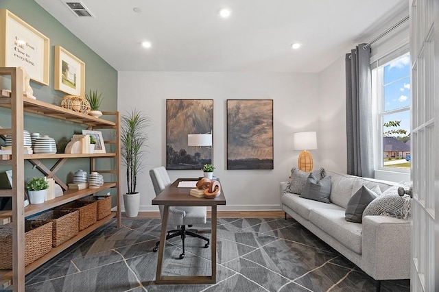 office area featuring dark wood-type flooring