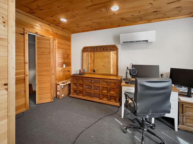 carpeted home office with an AC wall unit, wooden ceiling, and wooden walls