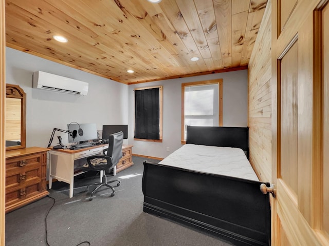 carpeted bedroom featuring wooden ceiling, crown molding, and a wall unit AC