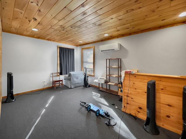 exercise area with wooden ceiling and a wall mounted air conditioner